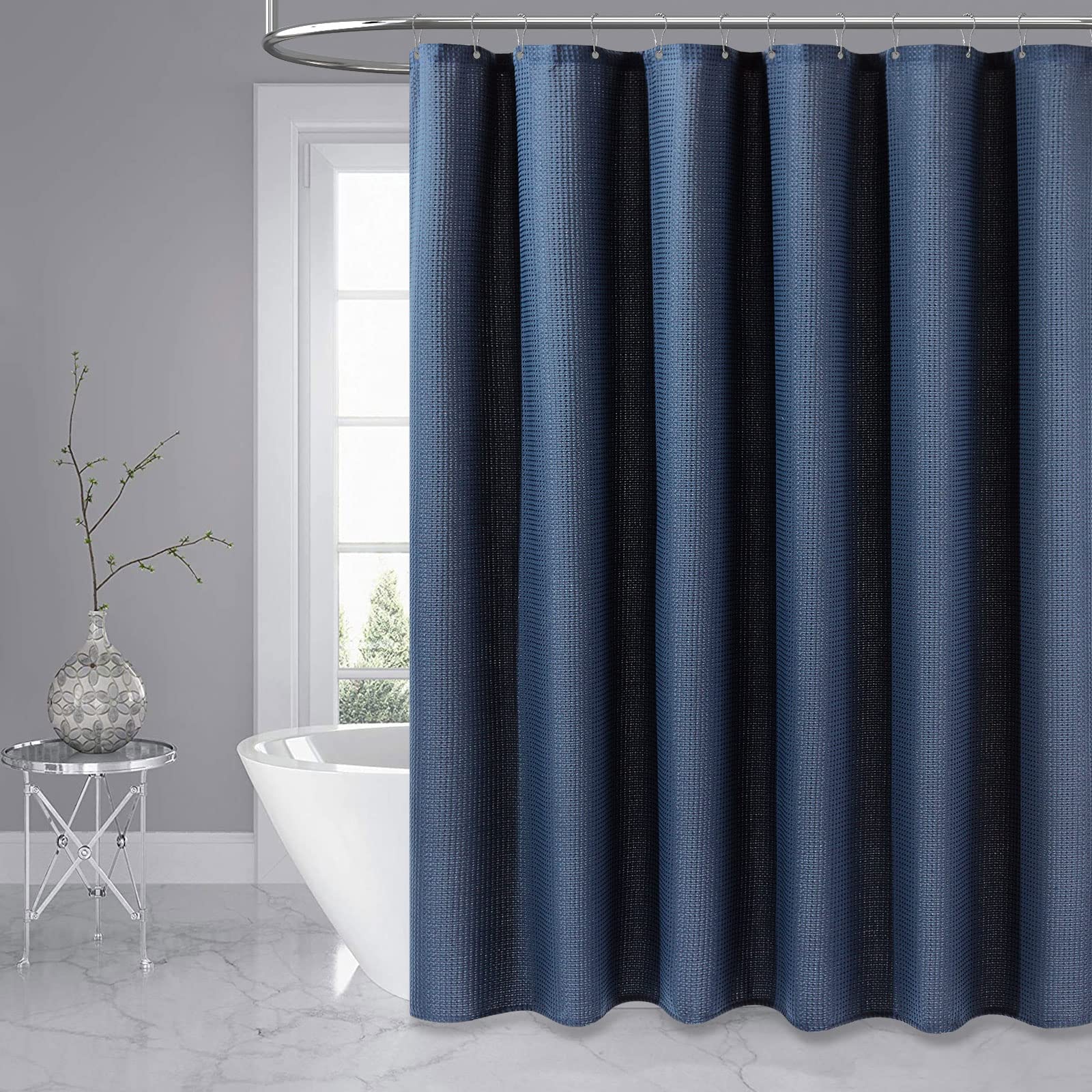 Dynamene hotel-grade navy curtain conveys premium bathroom style