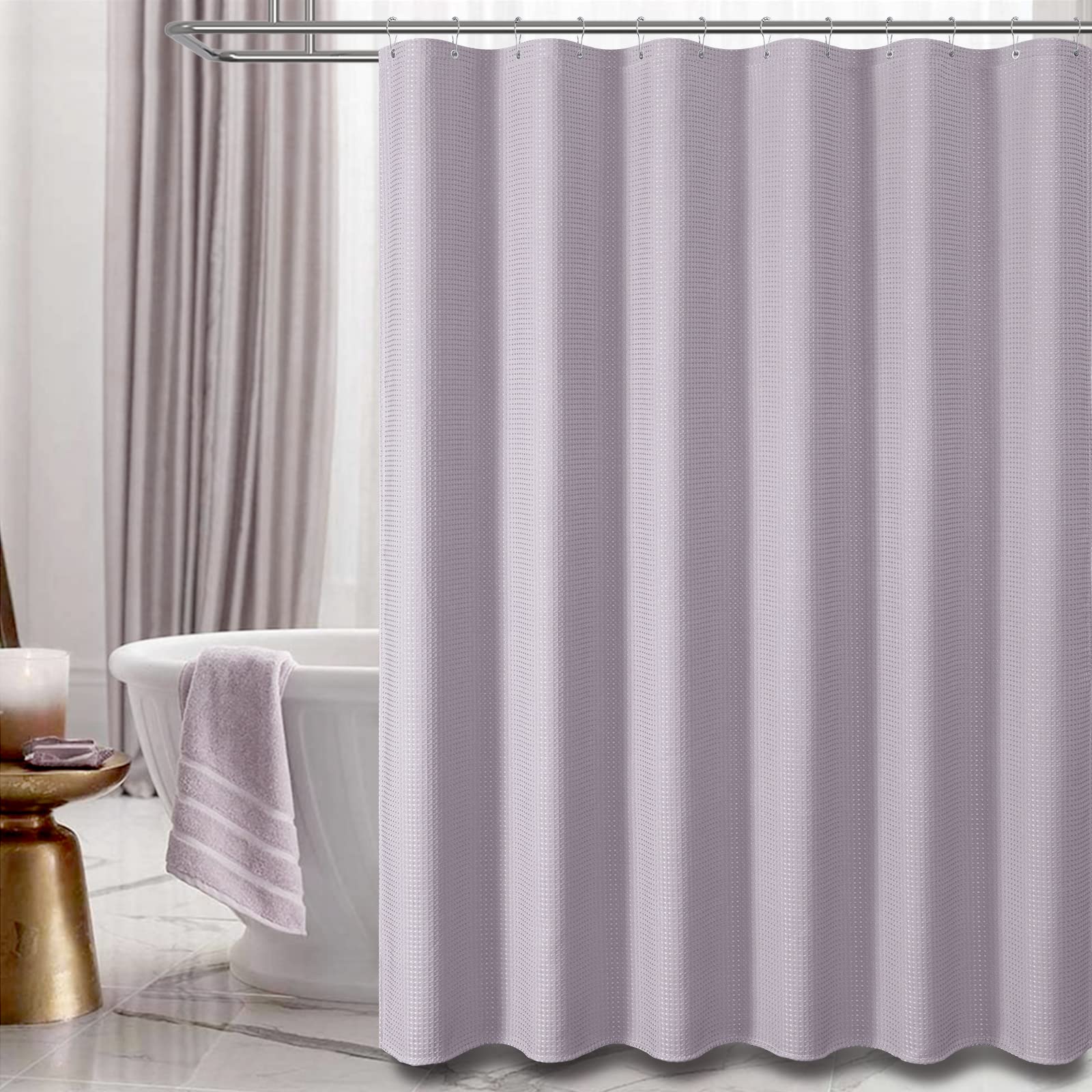 Dynamene Lavender curtain with included hooks for easy setup.