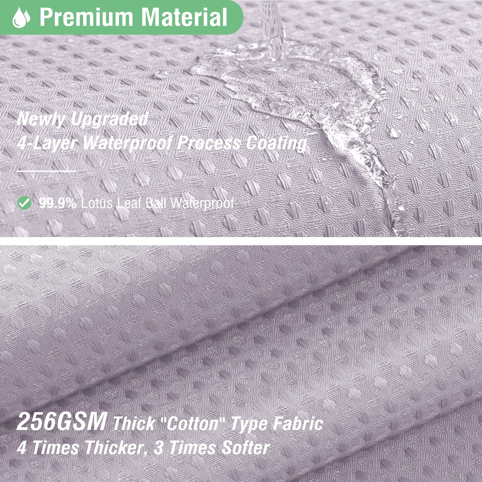 Dynamene Lavender water-repellent finish beads water on fabric.