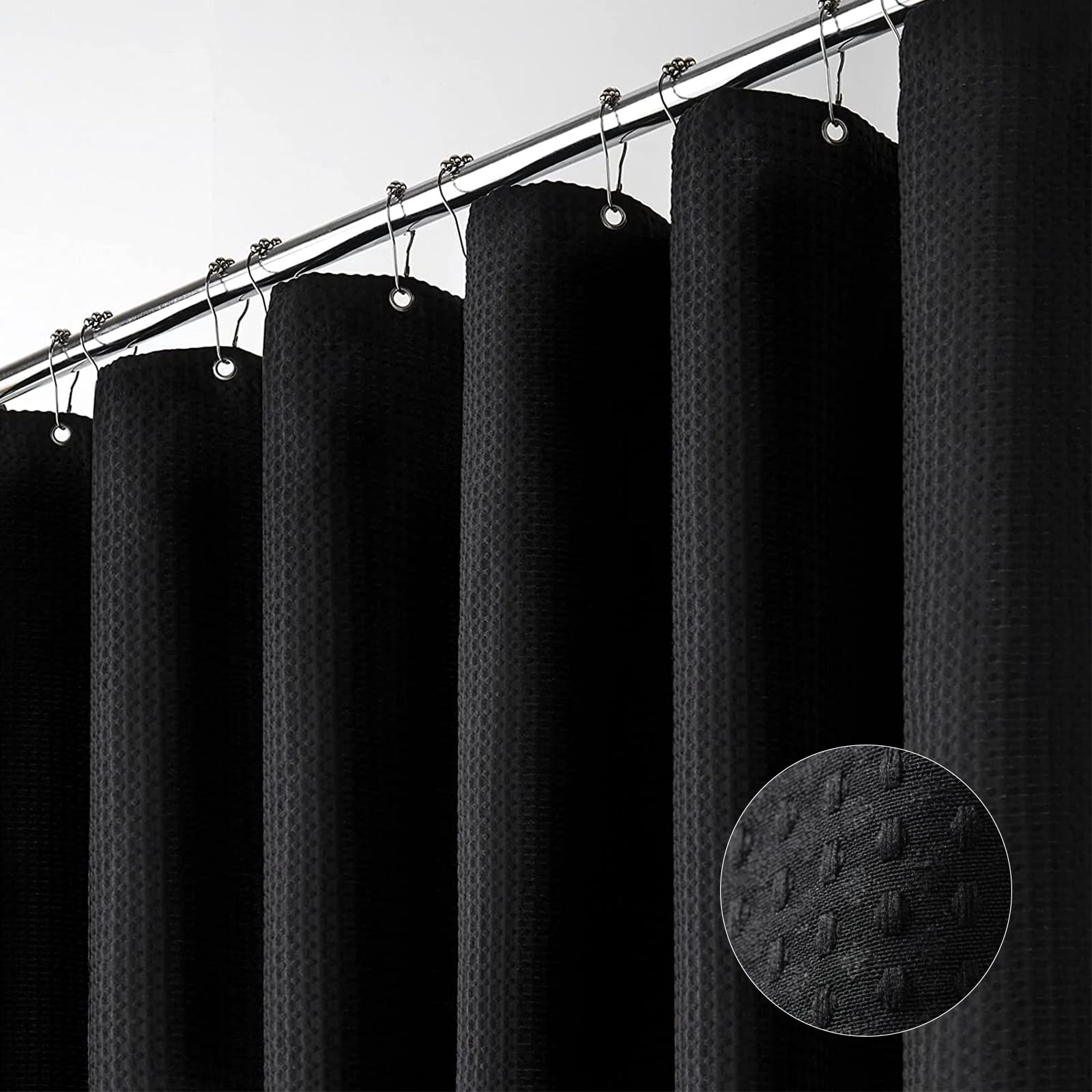 Dynamene long black shower curtain with waffle texture adds elegant bathroom styling.