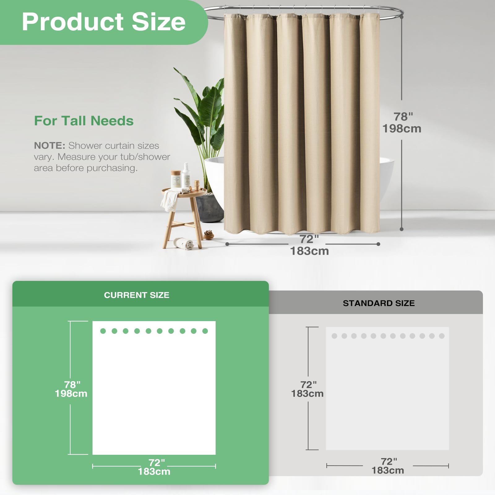 Dynamene beige khaki curtain adds neutral style to any bathroom.