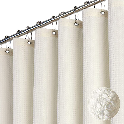 Dynamene long fabric shower curtain cream ivory closeup for a luxurious bath look.