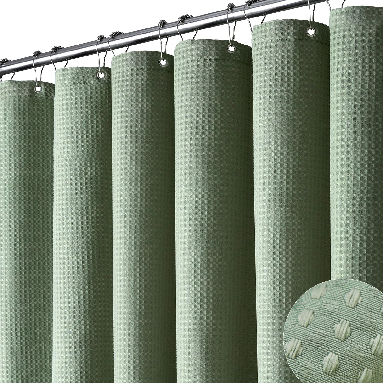 Dynamene long fabric shower curtain in sage green for spa-like privacy.