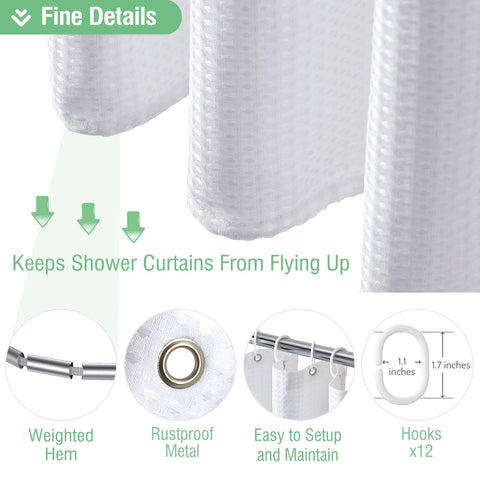 Dynamene curtain includes 12 plastic hooks for quick setup.