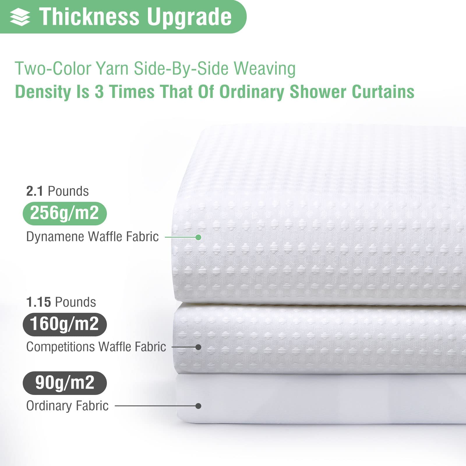 Dynamene long white curtain features 256GSM heavyweight fabric for durability.