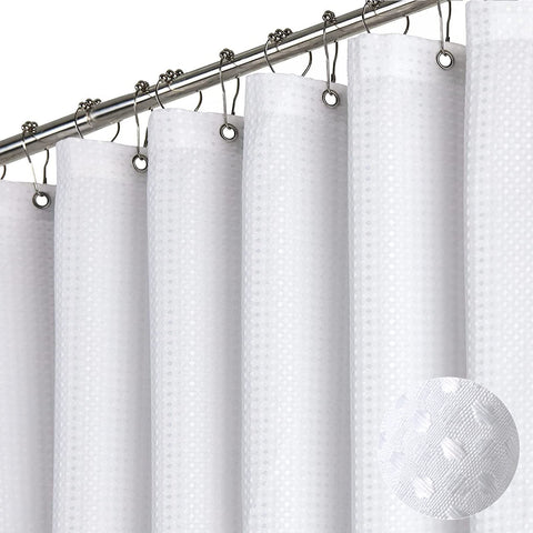 Dynamene long white waffle curtain front view for hotel-style bathroom privacy