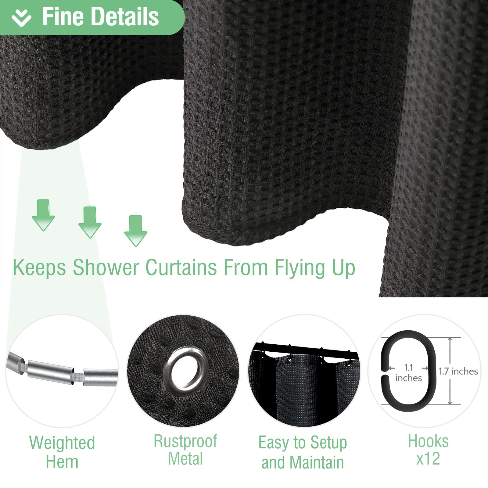 Dynamene machine-washable cloth shower curtain for easy home care.