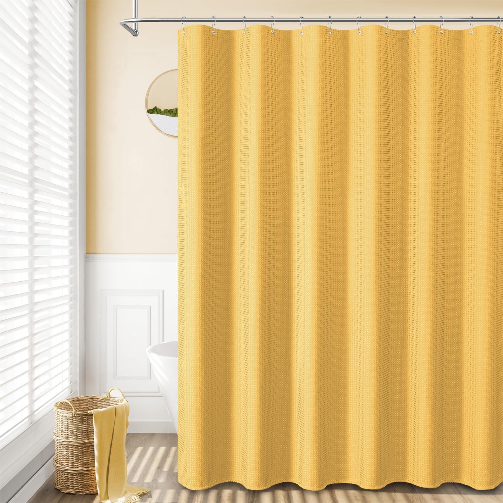 Neutral gold waffle curtain enhancing any bathroom decor from home to hotel