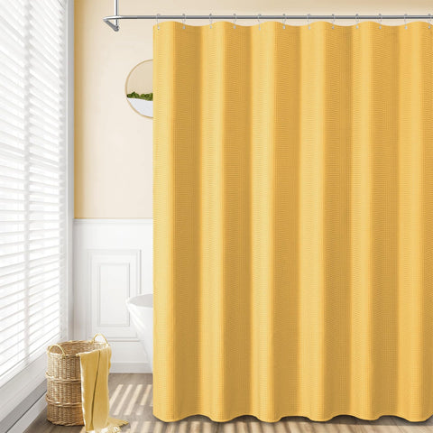 Neutral gold waffle curtain enhancing any bathroom decor from home to hotel
