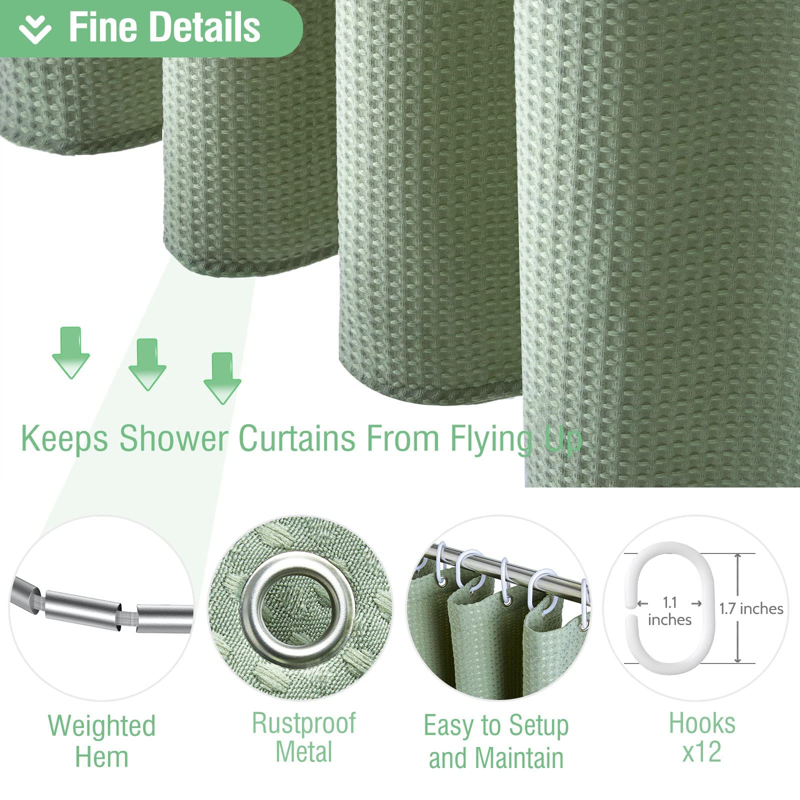 Dynamene shower curtain features 12 rust-resistant grommets for hooks.