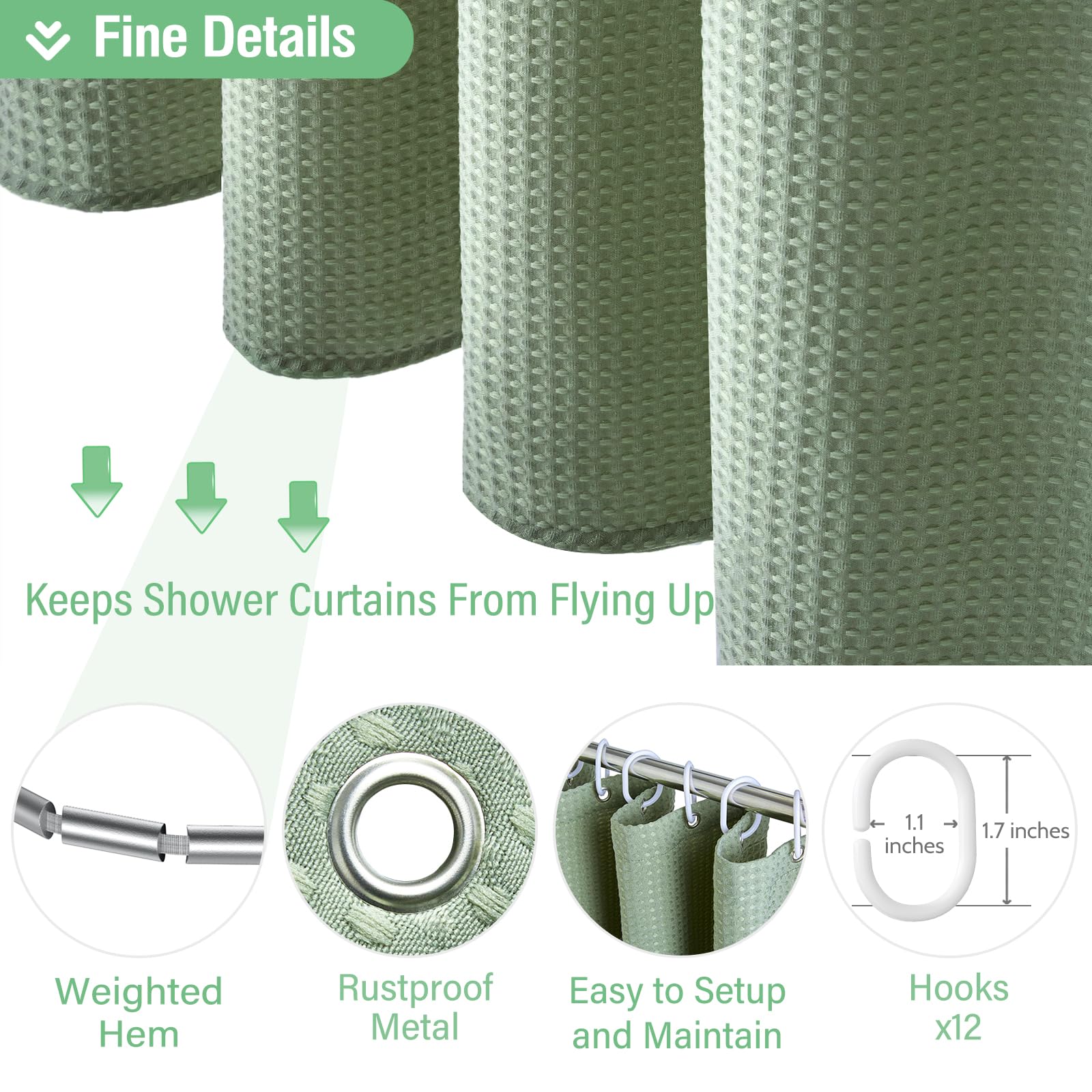 Dynamene curtain with 12 rust-resistant hooks for quick secure installation