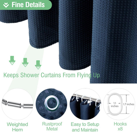 Dynamene stall fabric shower curtain measures 48 by 72 inches for standard baths.