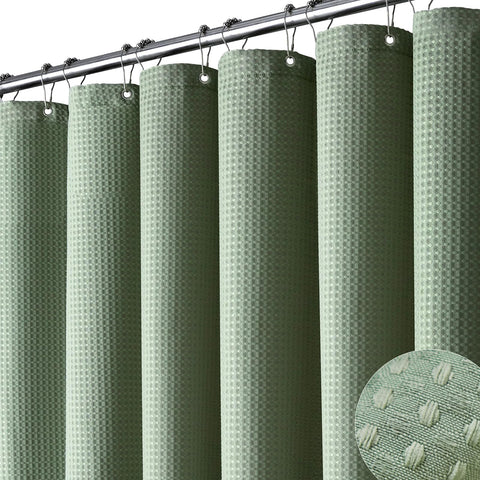 Dynamene Stall fabric shower curtain in sage green with weighted hem for stable drape