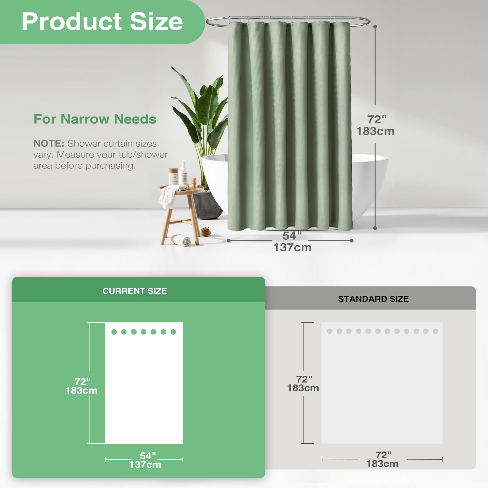 Dynamene Sage Green curtain displayed in a modern bathroom