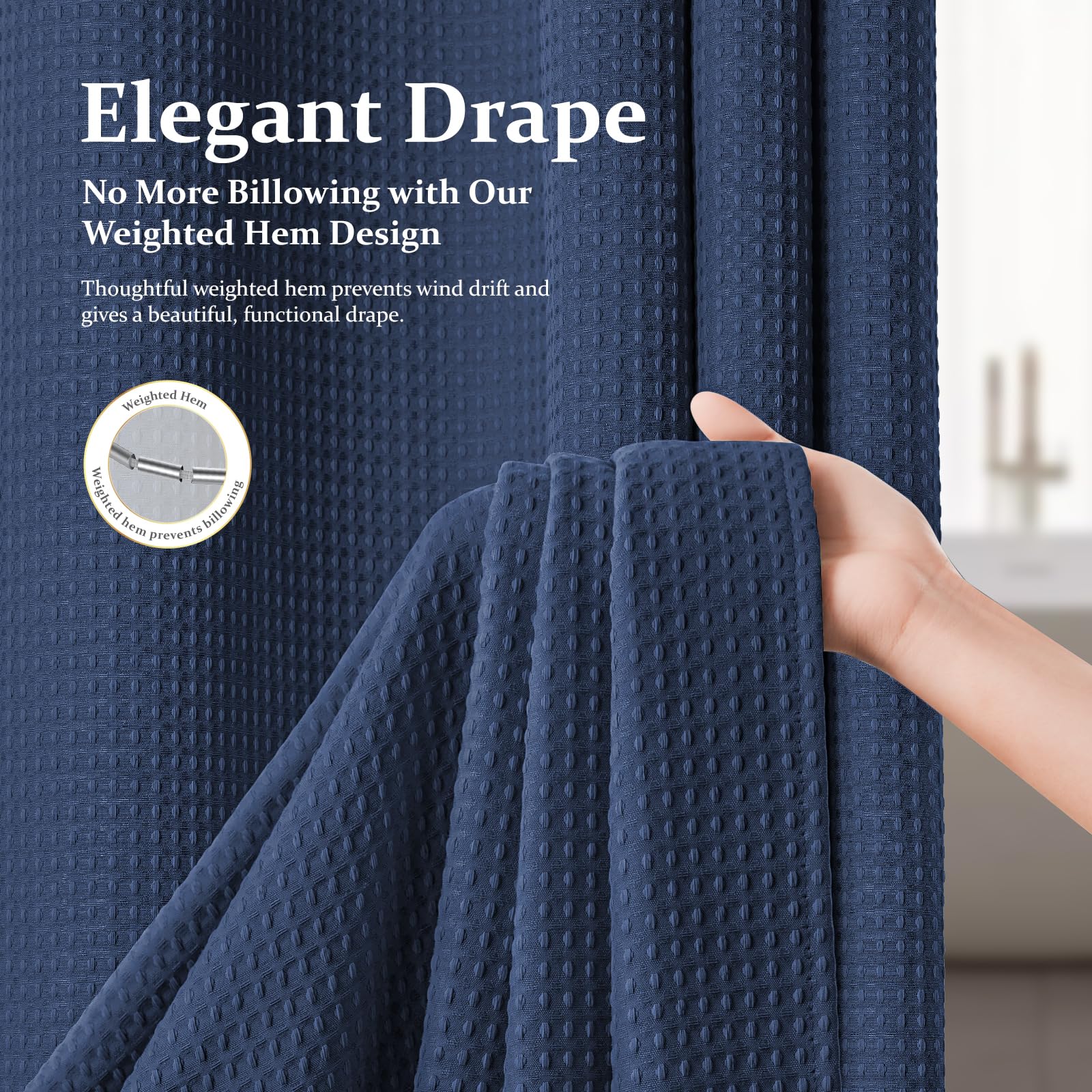 Dynamene navy grommets and included hooks exemplify easy setup.