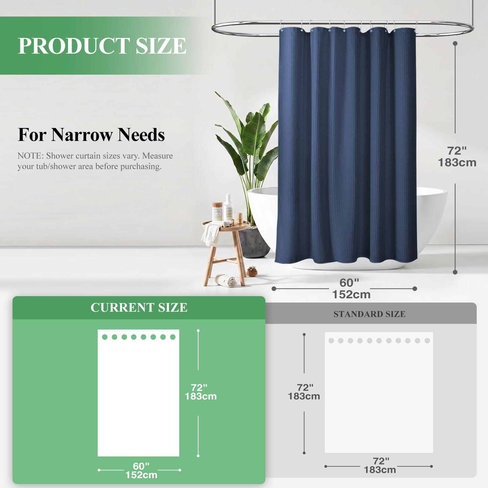 Dynamene navy waffle curtain draped in a bathroom demonstrates elegant, hotel-like style.
