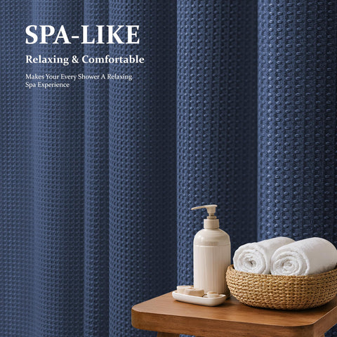 Dynamene curtain with weighted hem visible while preventing billowing during showering.