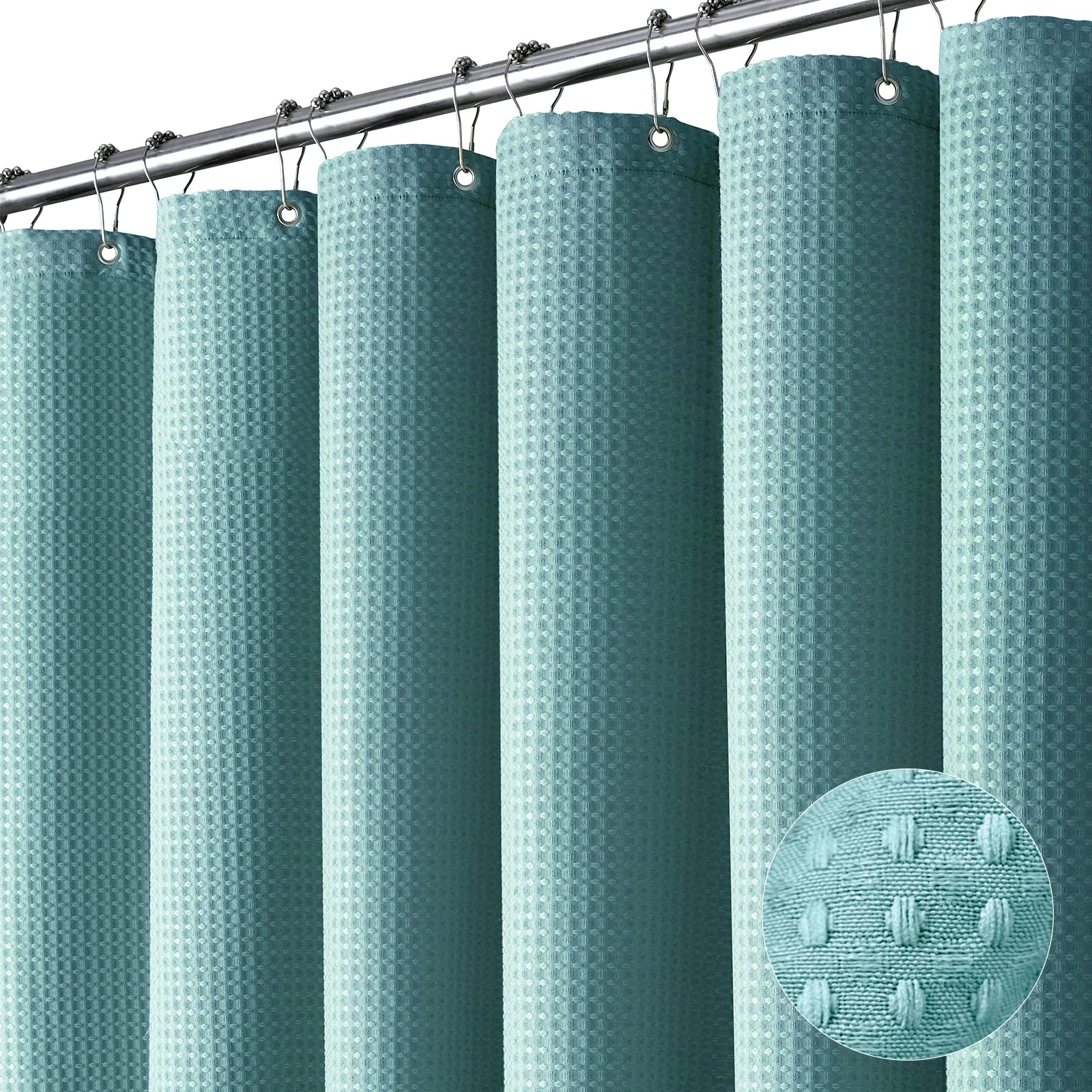 Dynamene teal waffle fabric curtain adds texture and privacy to a modern bathroom