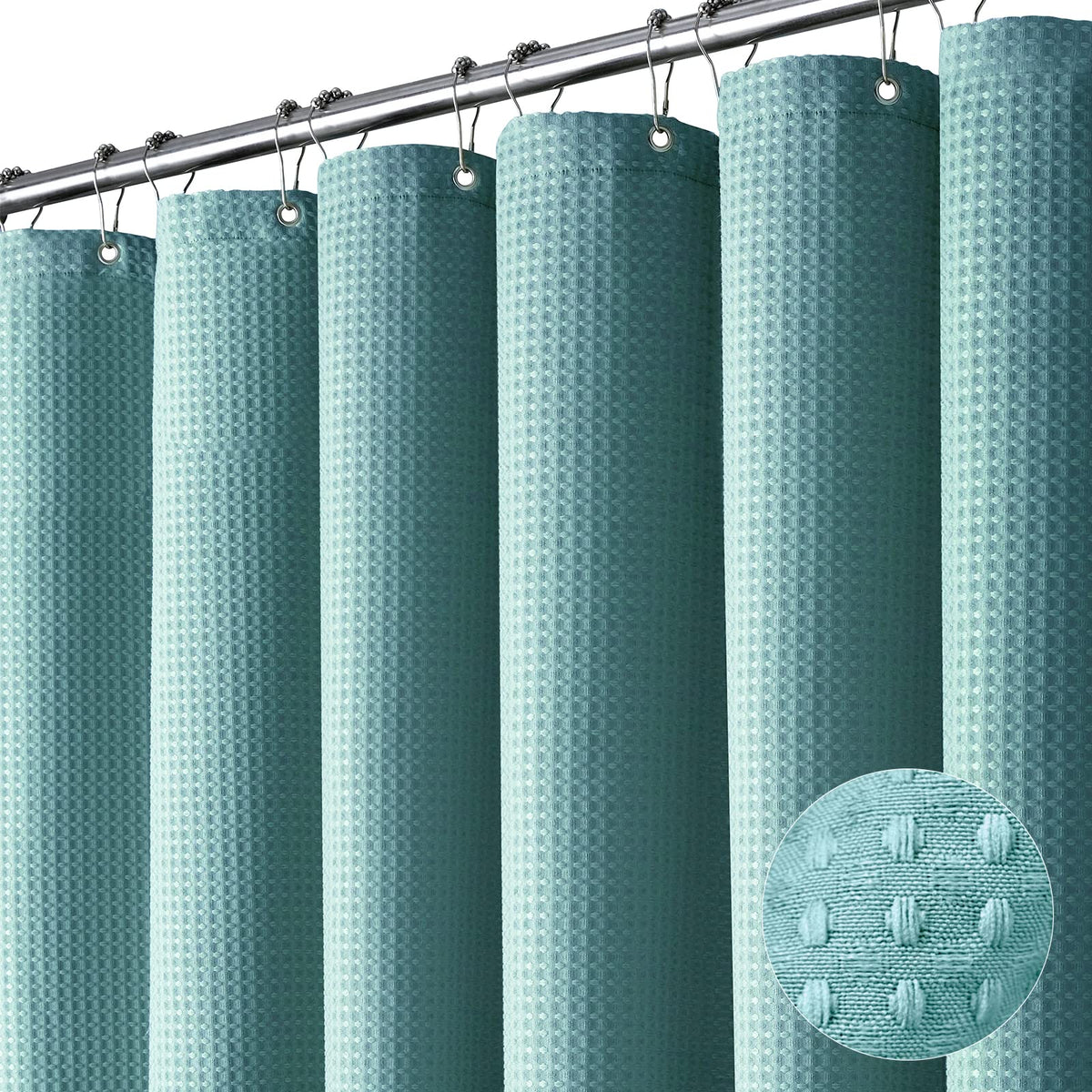 Dynamene teal waffle fabric curtain adds texture and privacy to a modern bathroom