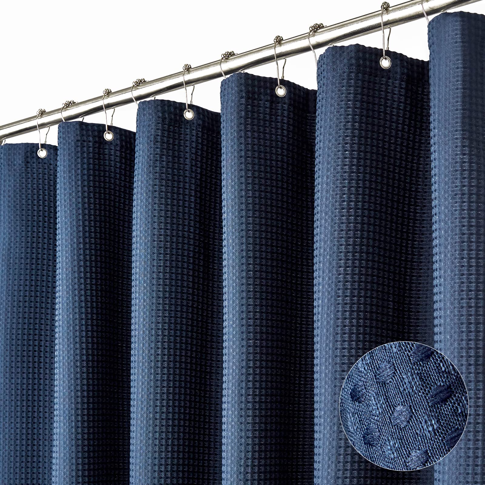 Dynamene navy waffle shower curtain close-up shows rich texture and quality