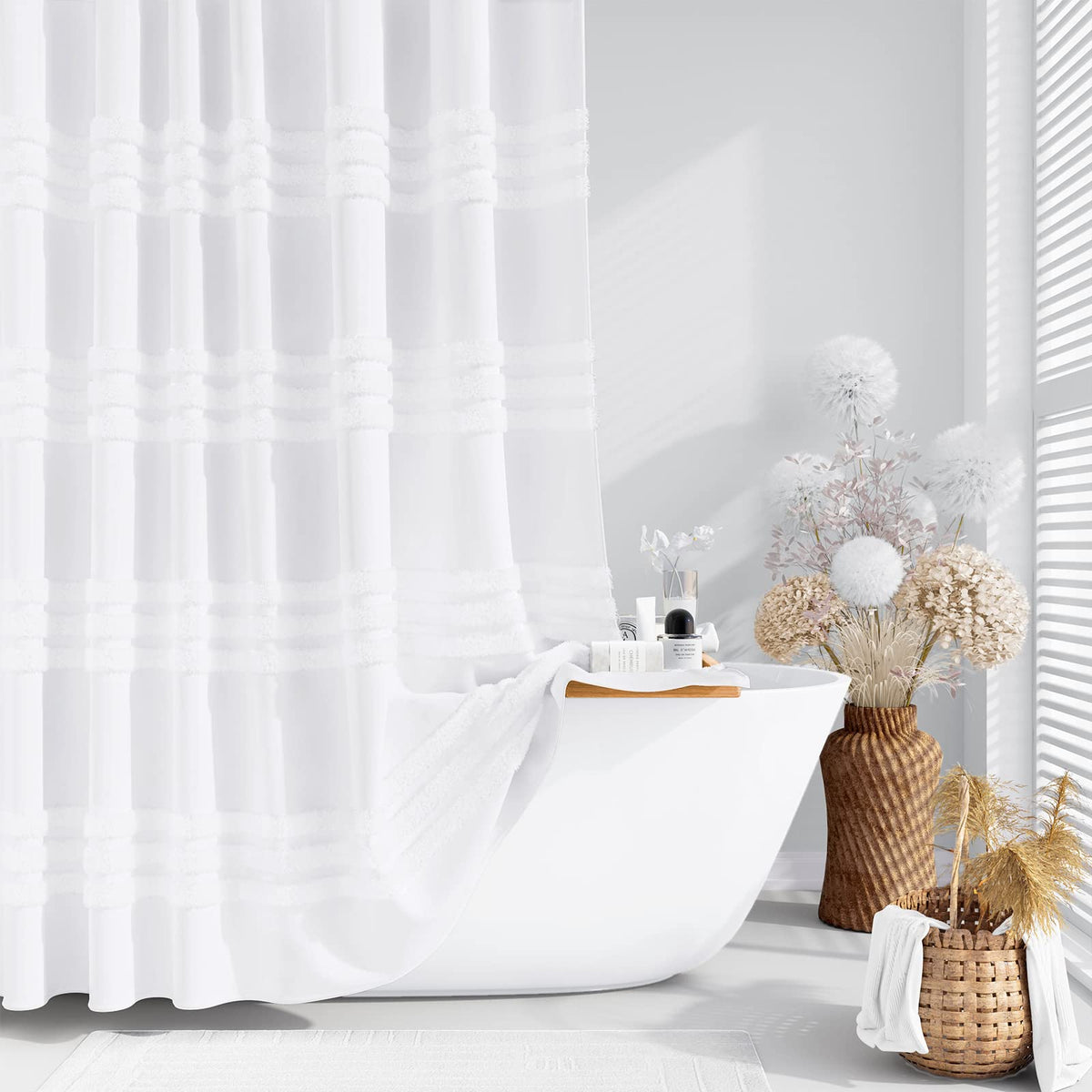Dynamene white fabric shower curtain with tufted chenille stripes creates luxury bathroom style.