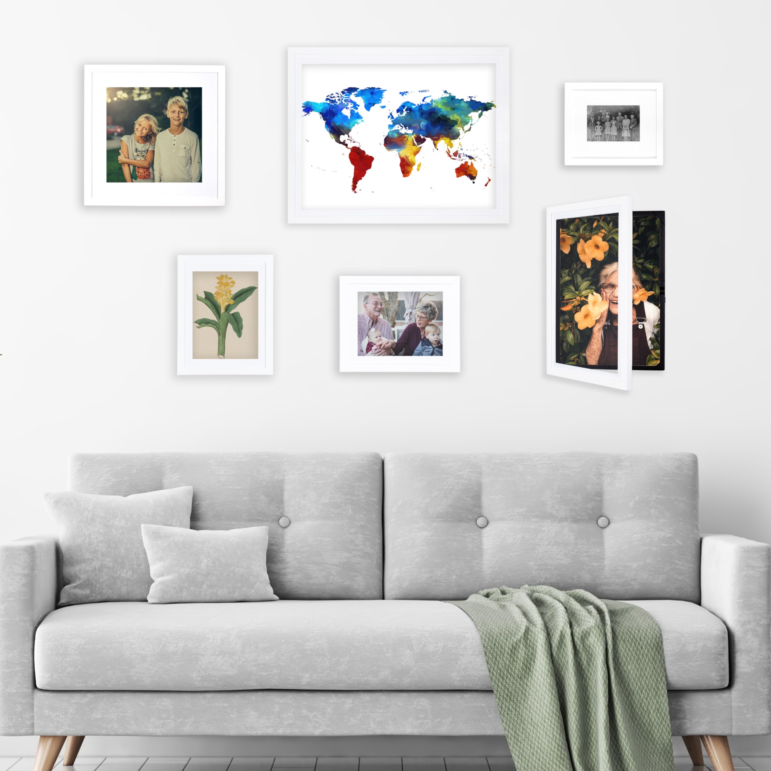Bevel-cut mat and clear glass elevate kid art to gallery quality.