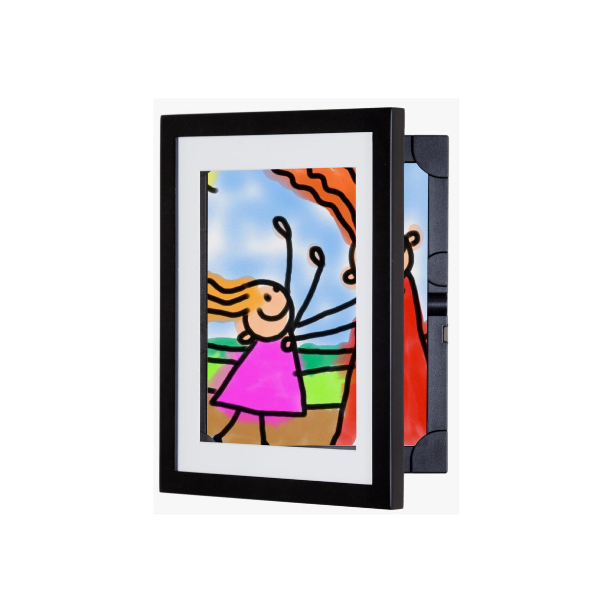 Dynamic Frames Li’l Davinci art cabinet with door open shows organized kid artwork.
