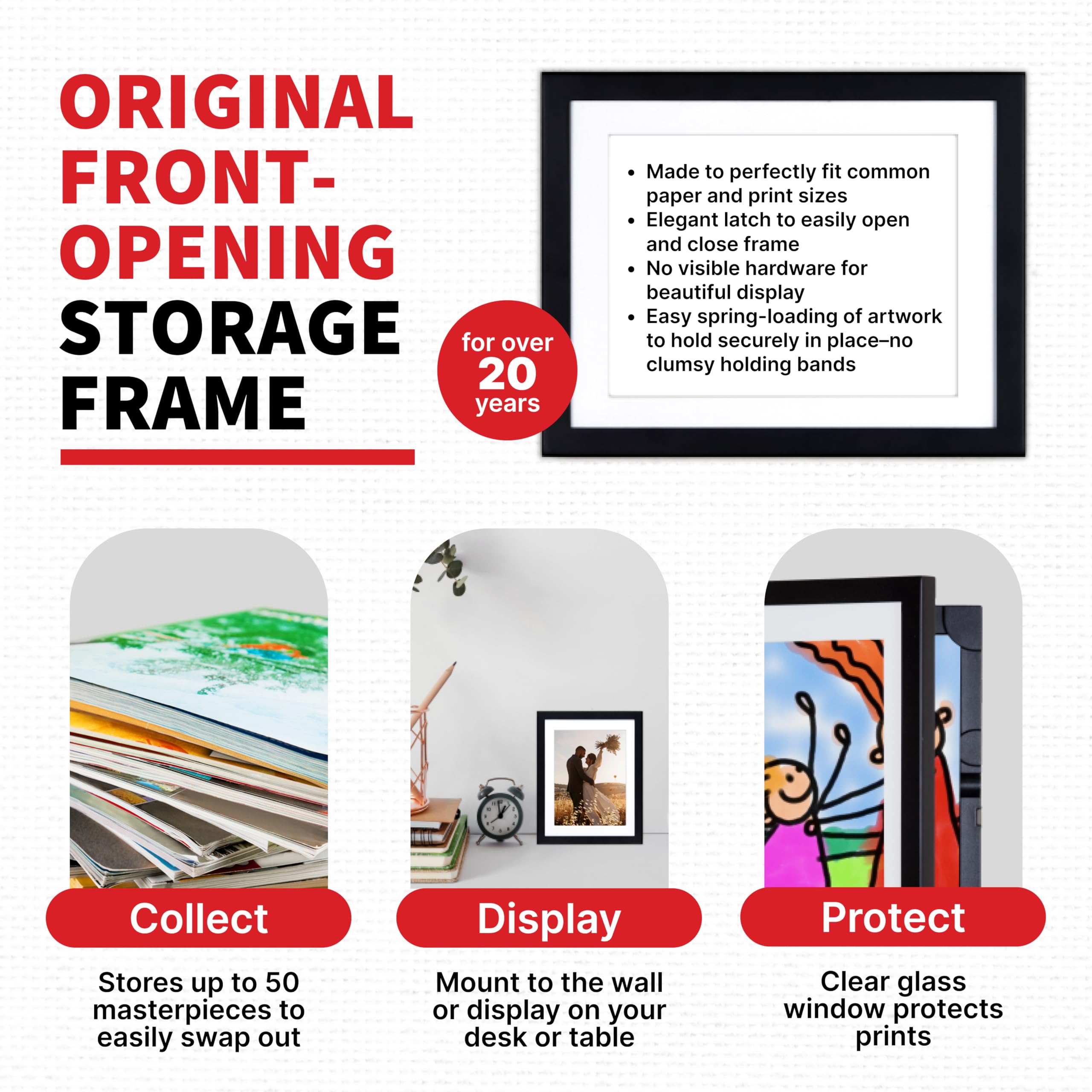 Dynamic Frames Li’l Davinci cabinet holds up to 50 art pieces for display.