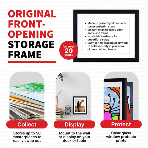 Dynamic Frames Li’l Davinci cabinet holds up to 50 art pieces for display.