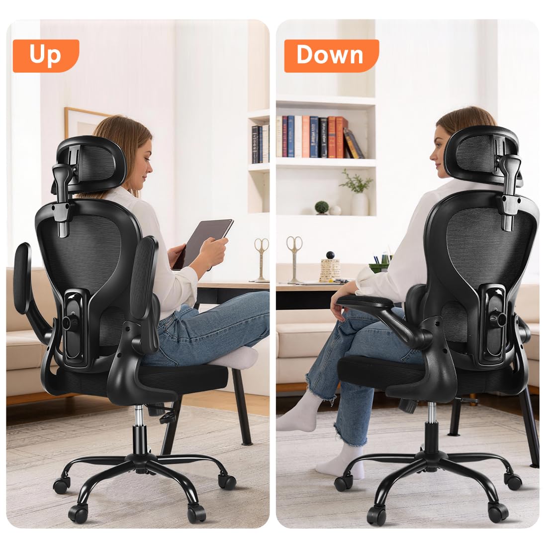 DYQKEA office chair with height-adjustable headrest aids customized monitor height.