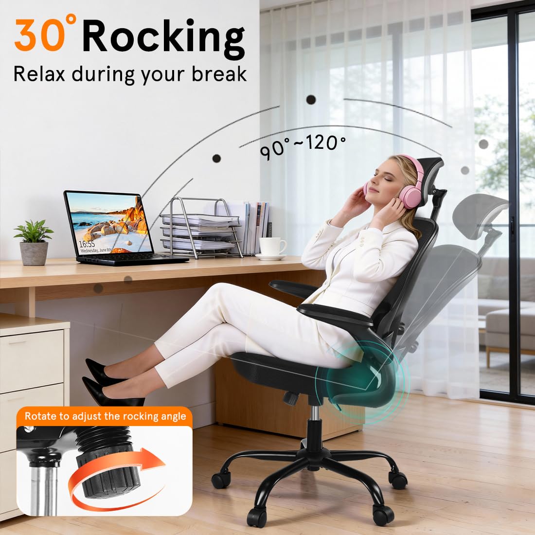 DYQKEA chair showcases lumbar support and headrest for better neck alignment.