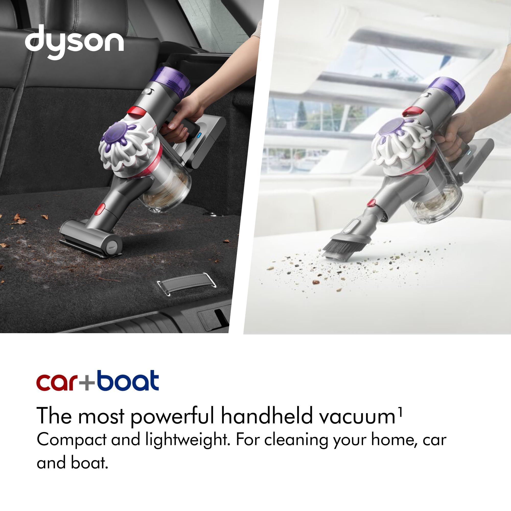 Dyson Car+Boat handheld vacuum tools collection view demonstrating versatile attachments for hard surfaces