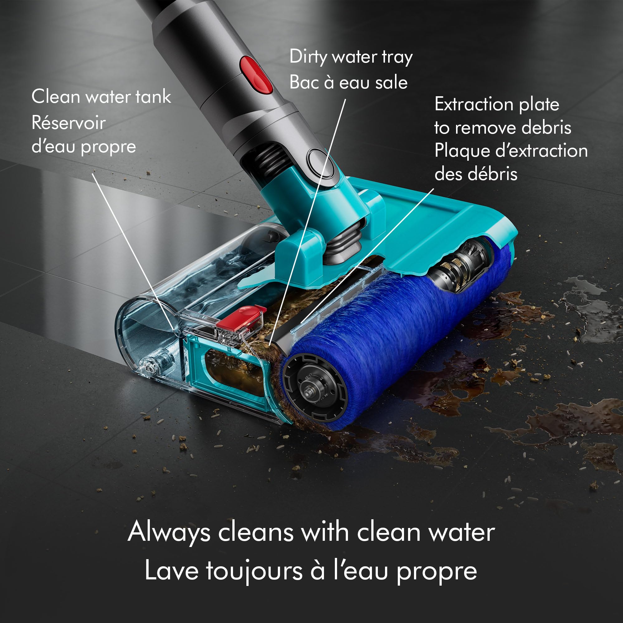 Fluffy Optic cleaner head reveals hidden dust on hard floors.