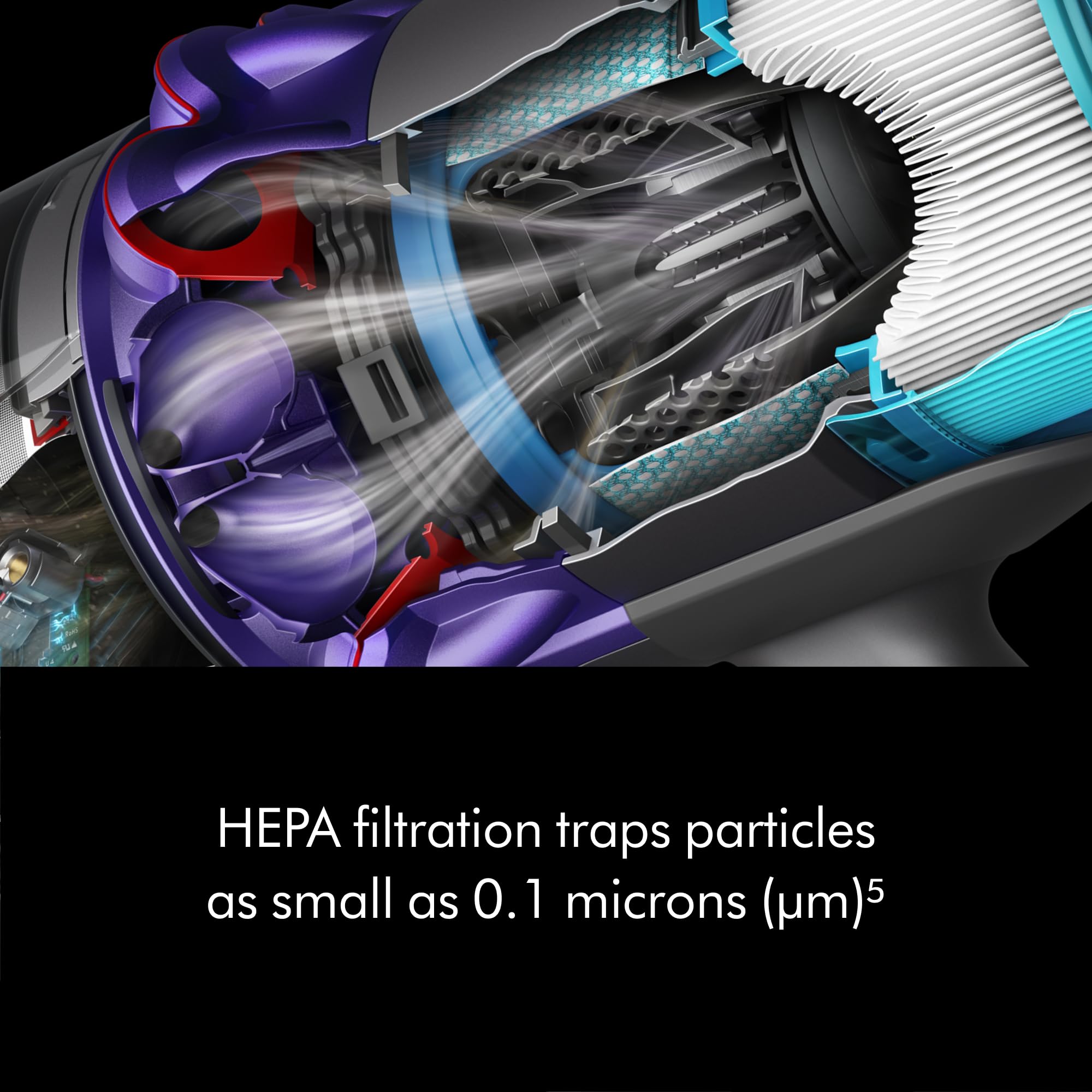 Dyson Gen5detect advanced HEPA filtration traps fine particles.