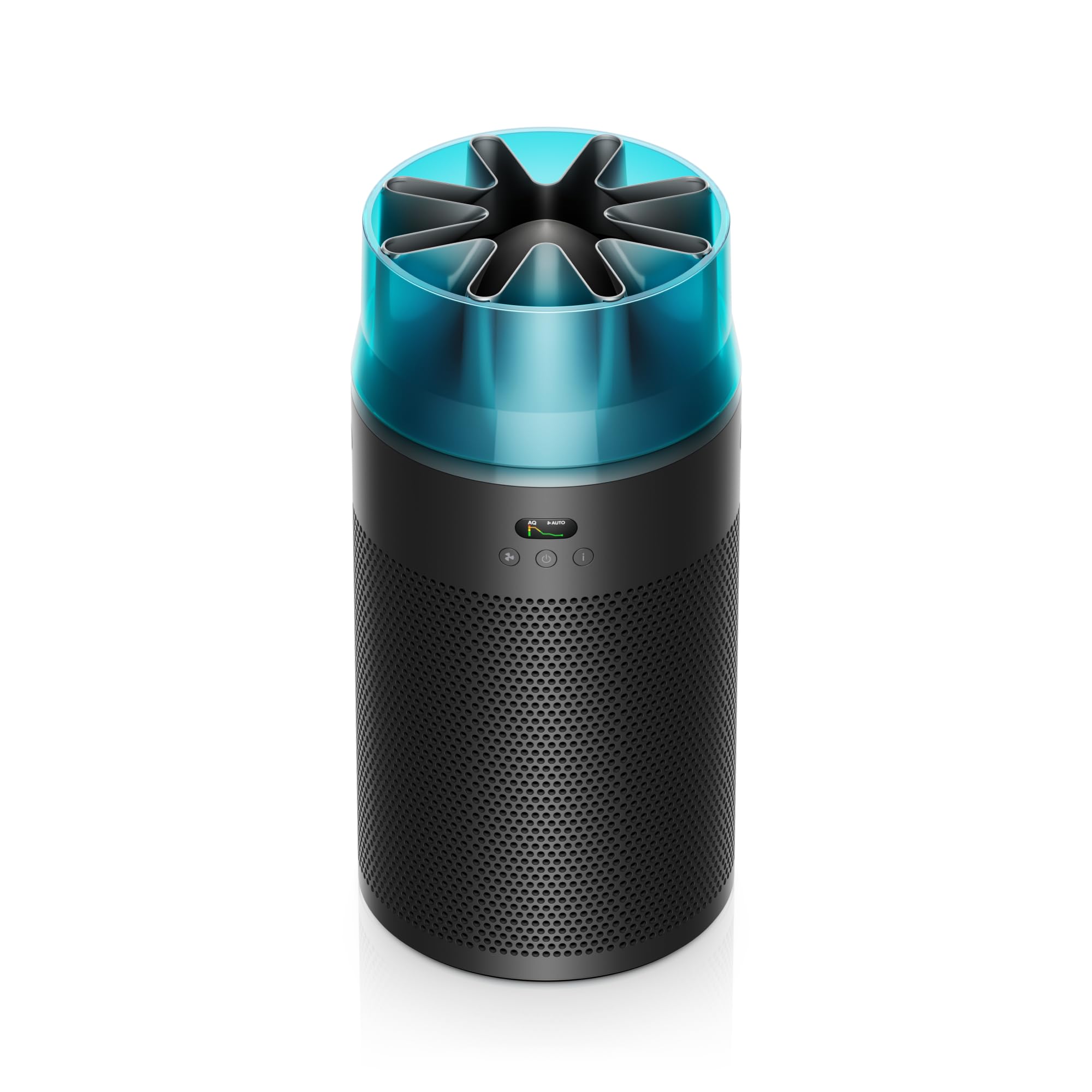 Dyson HushJet compact purifier front view shows space-saving design with powerful air flow.
