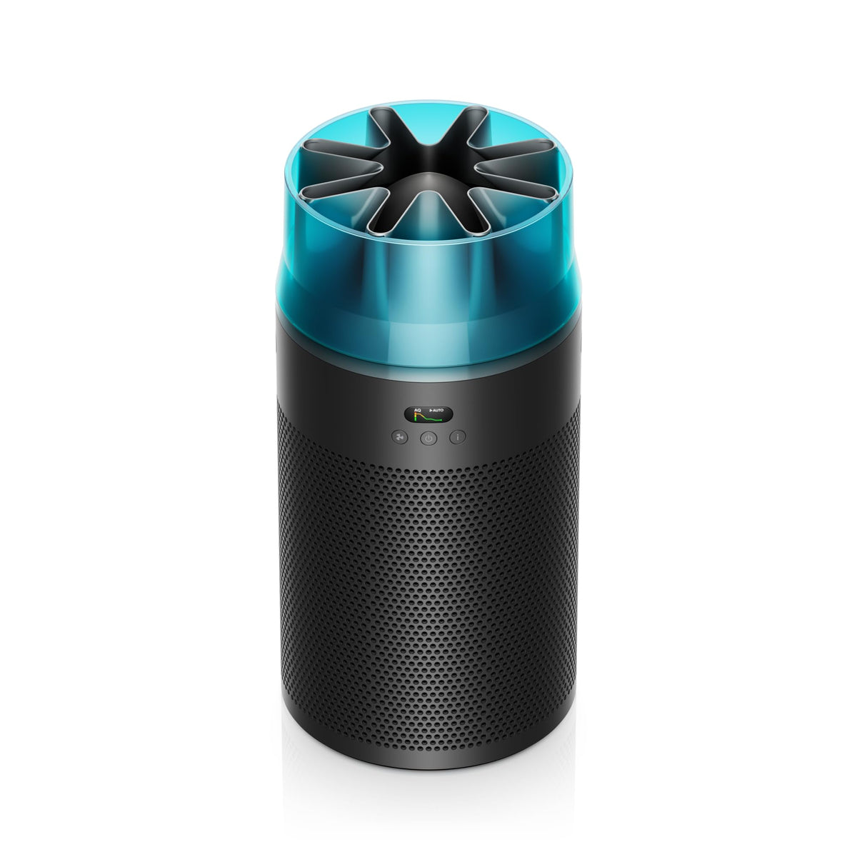 Dyson HushJet compact purifier front view shows space-saving design with powerful air flow.