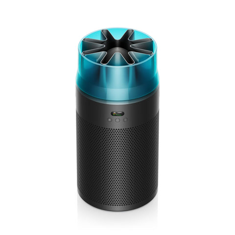 Dyson HushJet compact purifier front view shows space-saving design with powerful air flow.
