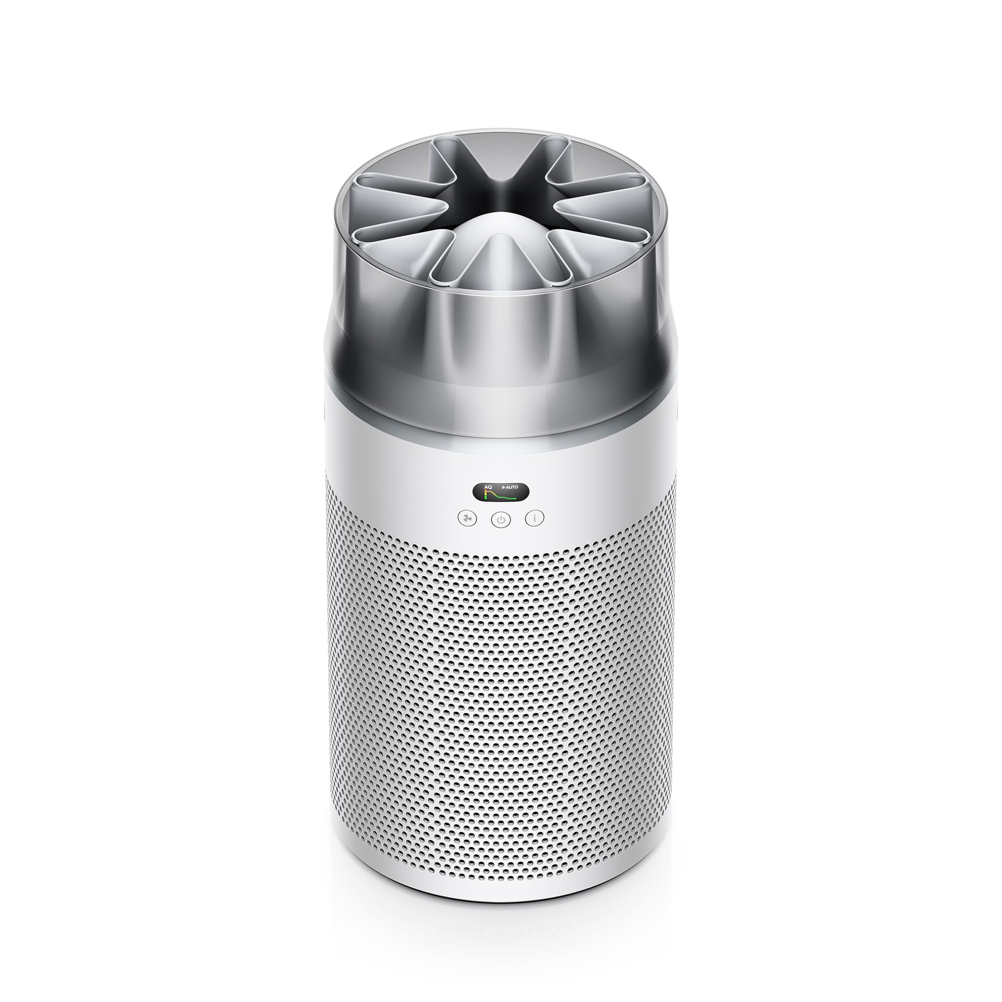 Dyson HushJet compact purifier front view, sleek white and silver for quiet whole-room purification.