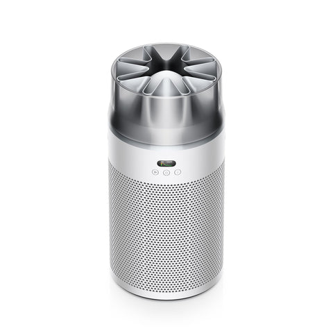 Dyson HushJet compact purifier front view, sleek white and silver for quiet whole-room purification.