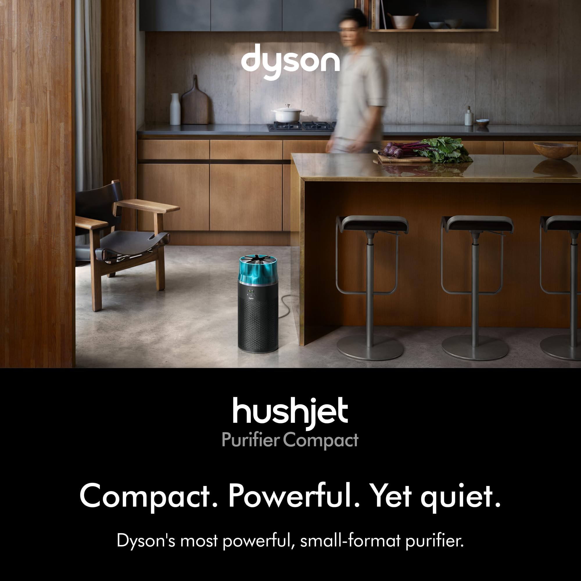Dyson HushJet compact purifier side view highlights slim footprint for bedside setup.