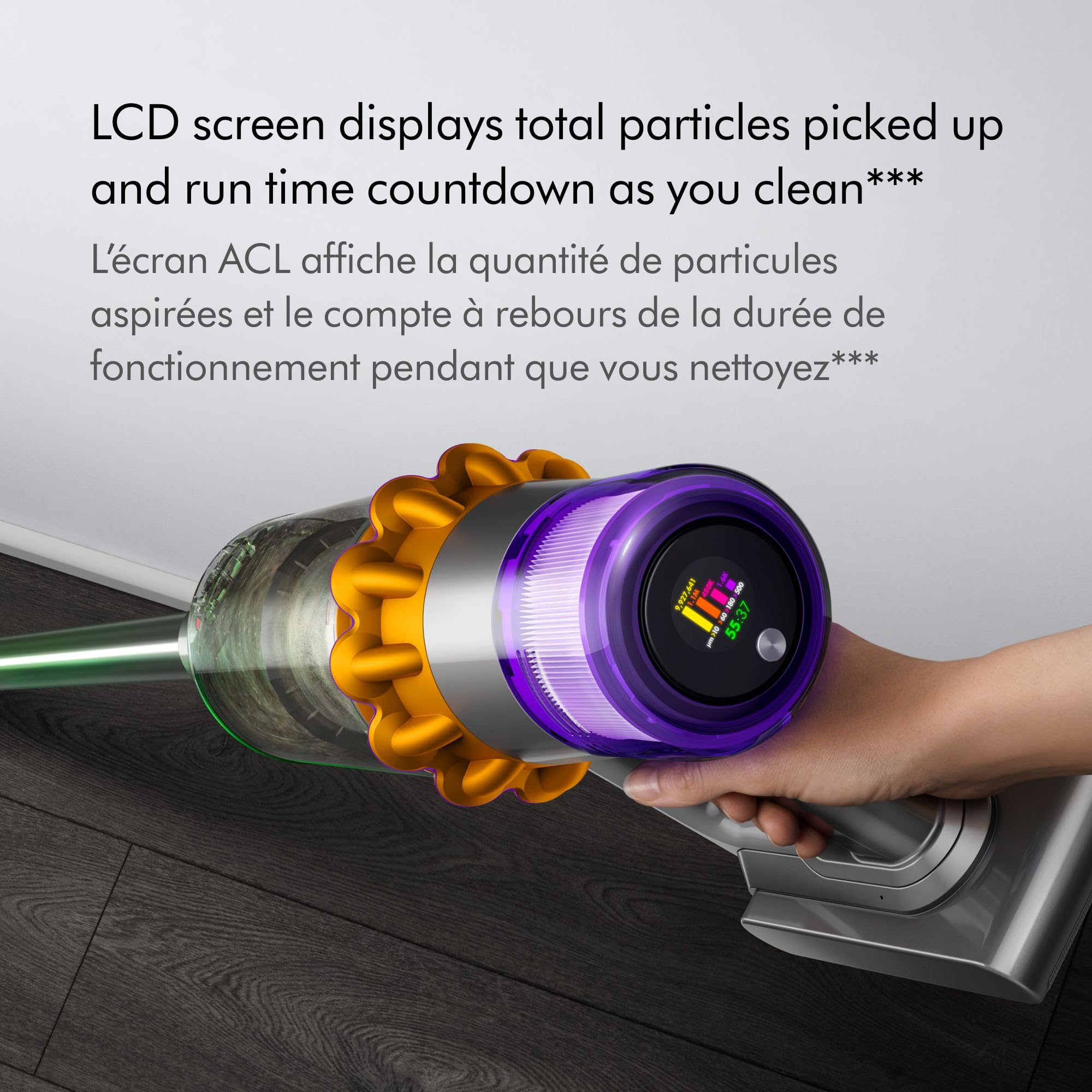 LCD display shows debris and run time while cleaning.