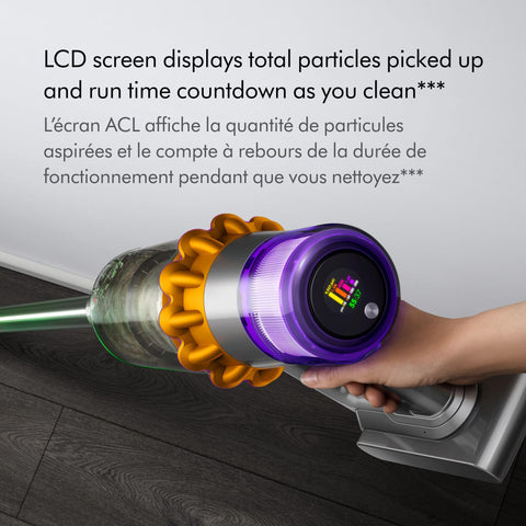 LCD display shows debris and run time while cleaning.