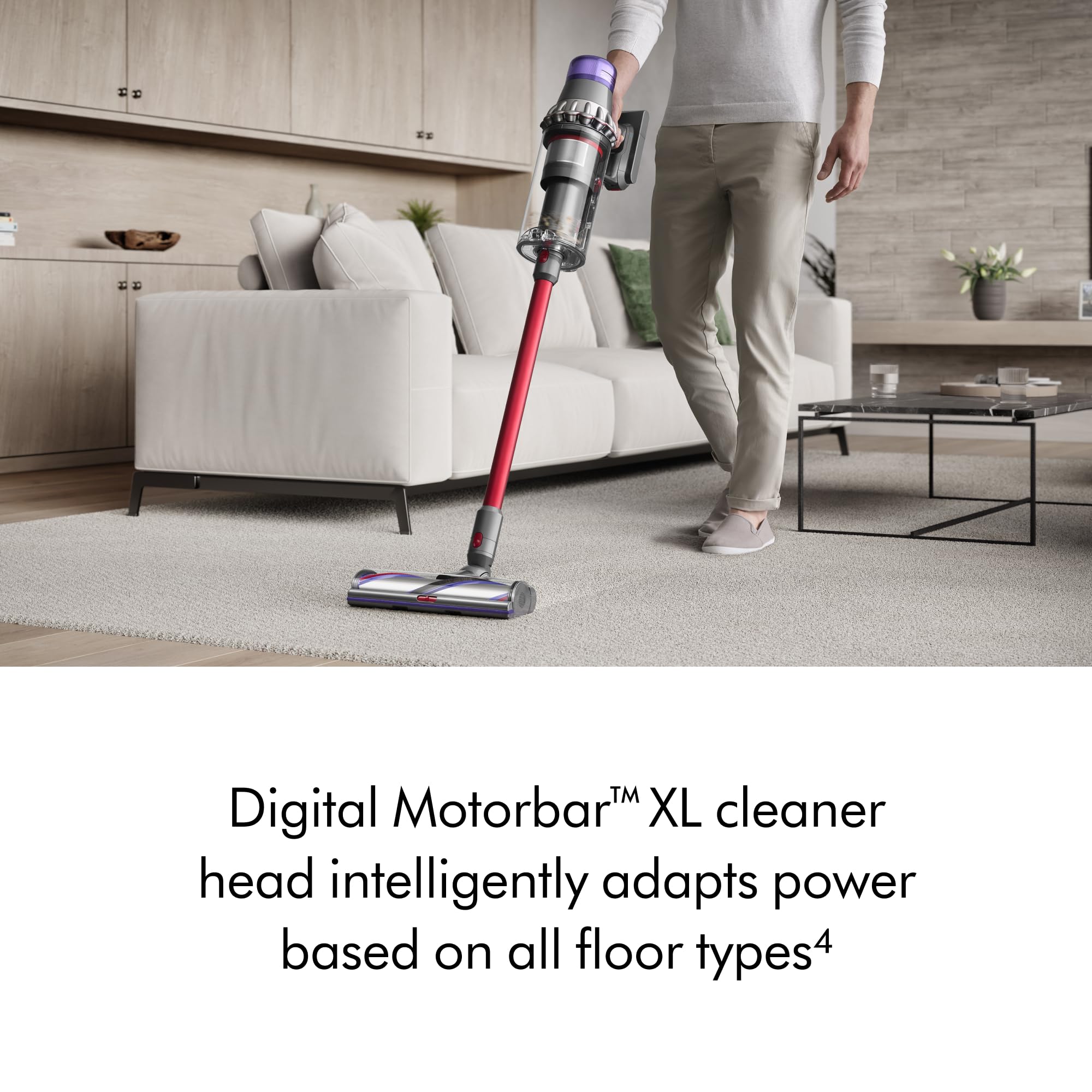 Dyson Outsize in action on hardwood floor with Auto mode delivering efficient cleaning