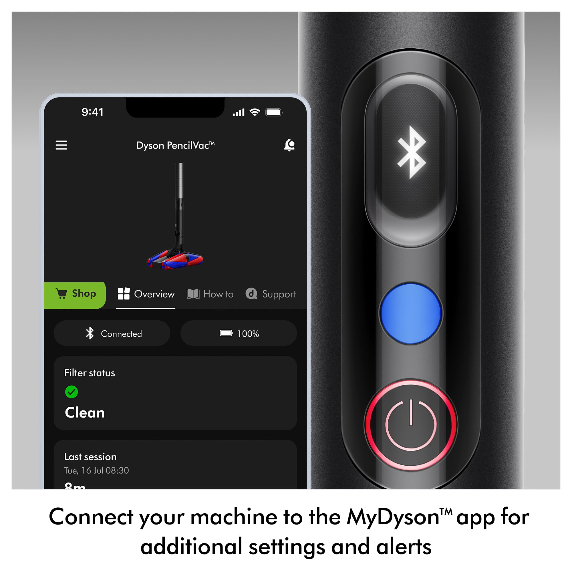Dyson PencilVac on a magnetic charging dock for convenient storage.