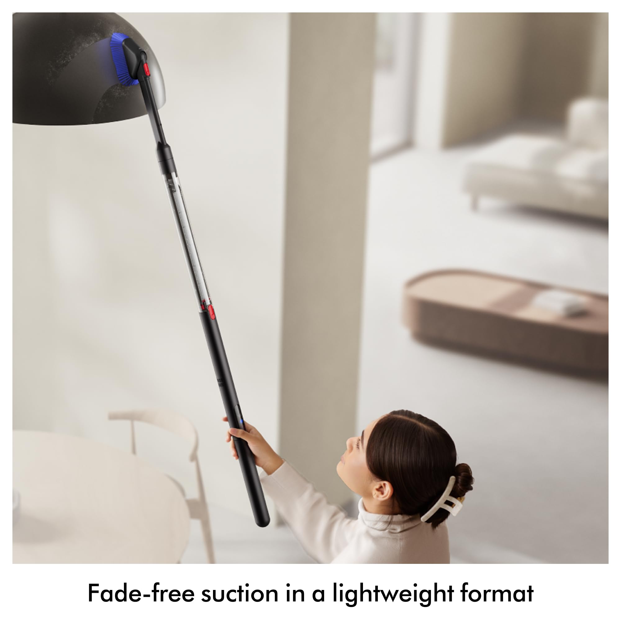 Dyson PencilVac Fluffycones illuminates hidden dust with directional light.