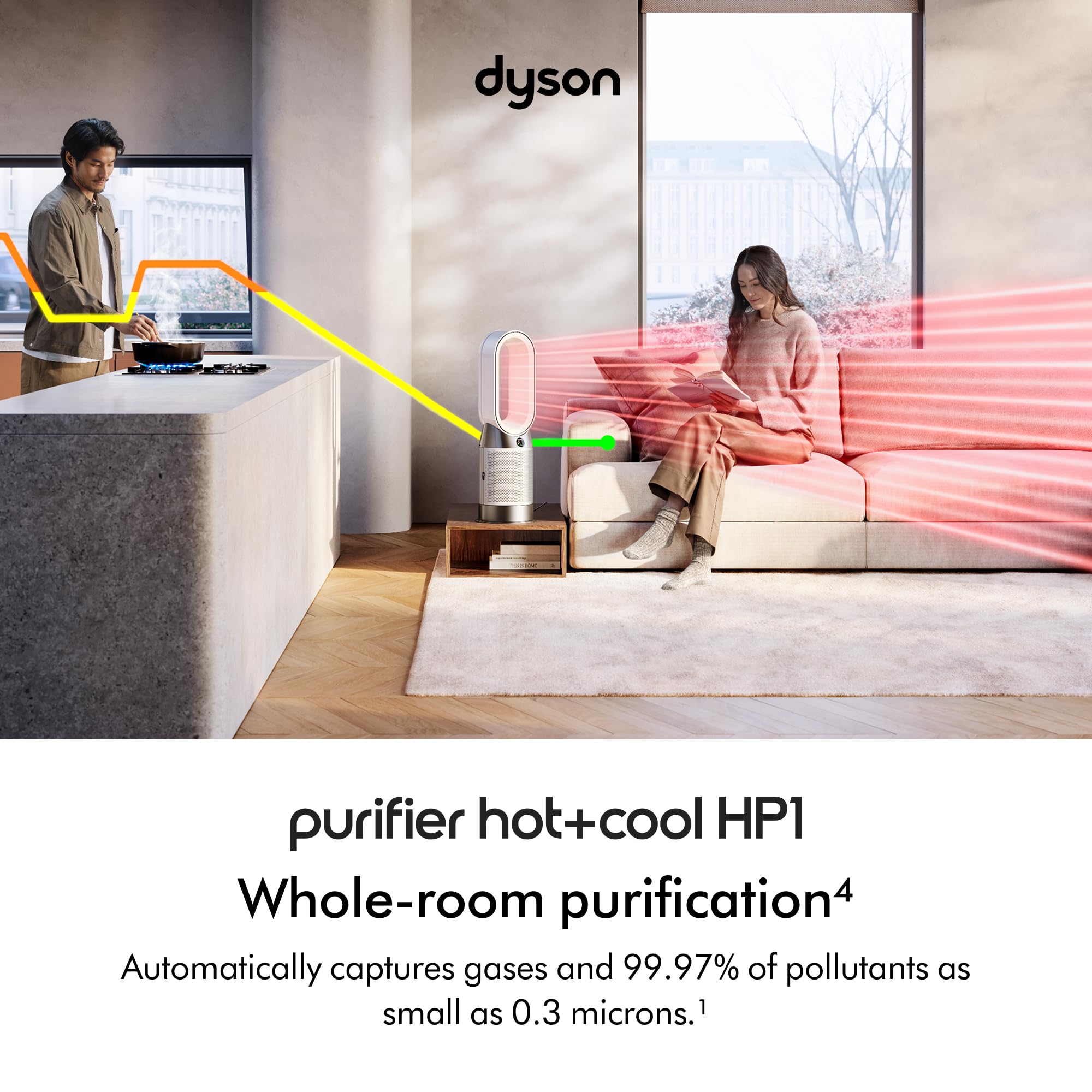 Dyson Purifier HP1 side view highlights compact footprint and smooth performance.