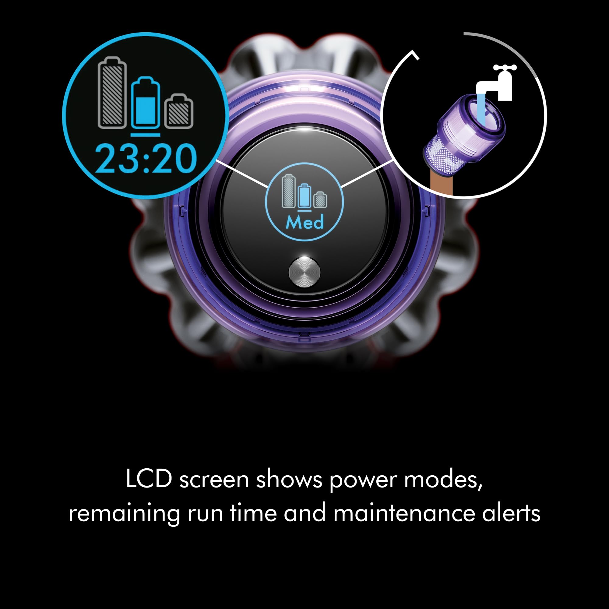 Dyson V11 LCD display showing run-time and mode indicators