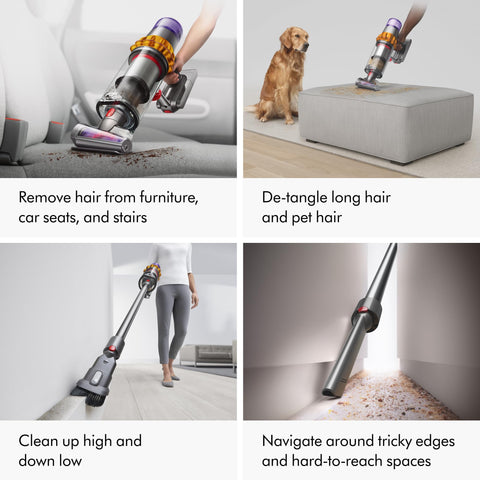 Advanced filtration system on Dyson V15 Detect traps fine particles.