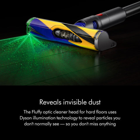 Automatic power adjustment on Dyson V15 Detect optimizes efficiency for different surfaces.