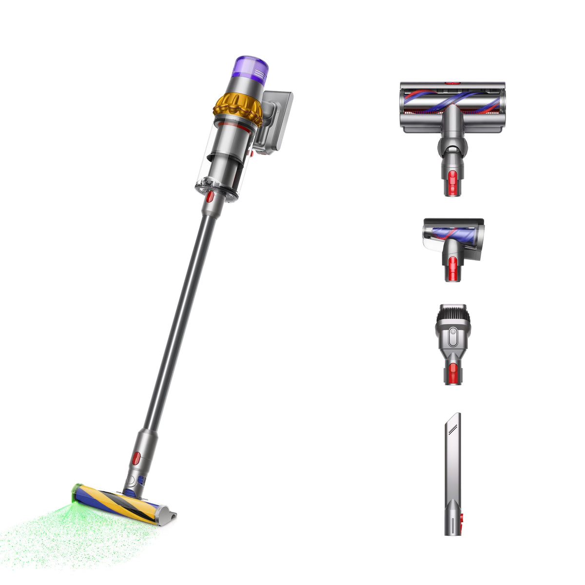 Dyson V15 Detect front view in yellow-nickel shows sleek design and colorway for lifestyle use.